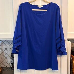 Umgee Womens Mesh Burnout Bell Sleeve Top Size 2XL Royal Blue Sheer Boho Flowy